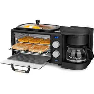 Nostalgia Retro 3-in-1 Breakfast Station - 5x4 Oz Cup Coffee Maker, Non-Stick Ceramic Griddle, 4-Slice Countertop Mini Oven - Built-In Timer, Reusable Filter, Space-Saving Design, Black