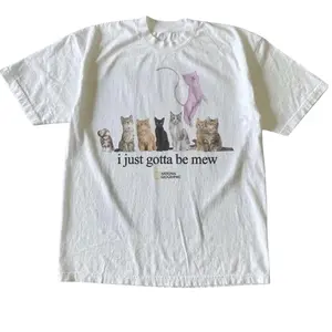 National Geographic I Just Gotta Be Mew Cat Graphic T-Shirt, Cute Feline Lineup with Levitating Pink Mew Character, Unisex White Streetwear Tee, Retro Anime Parody Outfit