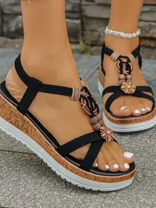 Boho Style Women's Sandals, Elegant Beaded Design, Versatile Plain Pattern, PU Leather Upper, Perfect for Summer Beach Parties and Daily Wear