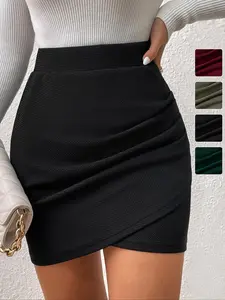 Women's Textured Ruched Wrap Bodycon Skirt, Elegant High Waist Short Skirt For Daily Vacation Party, Ladies Spring & Fall Clothes
