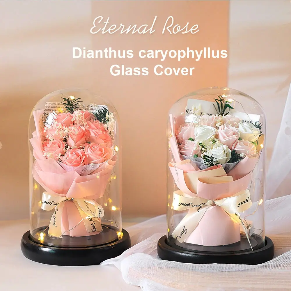 Everlasting Flower Glass Cover Rose Bouquet Dried Flower Arrangement for Birthday Gift Valentine's Day Gifts Mother's Day Gift