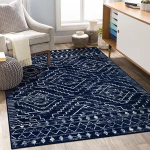 Moroccan Blue Rugs for Living Room, Washable Geometric Tribal Bedroom Area Rug, Large Non-Shedding Soft Low Pile Stain Resistant Carpet for Den Kitchen Home Decor (Blue,5'x7')