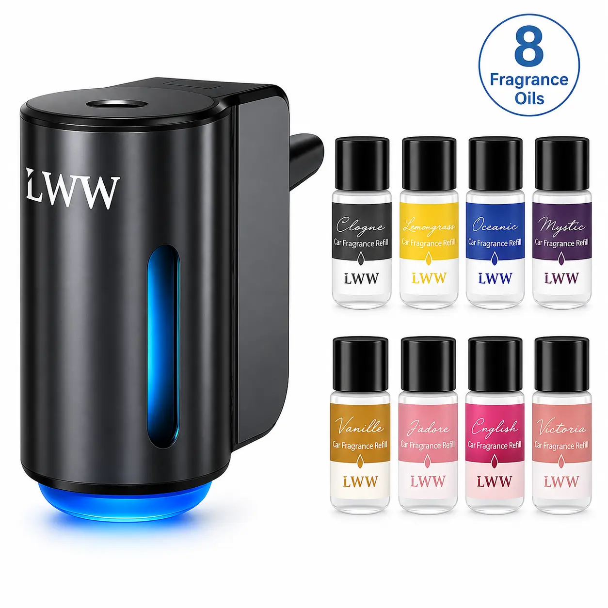 LWW Smart Car Aroma Diffuser Set with Fragrance Oils, 3 Spray Modes, USB Rechargeable Vent Clip Air Freshener, Adjustable Scent Intensity for Car, Auto & Home