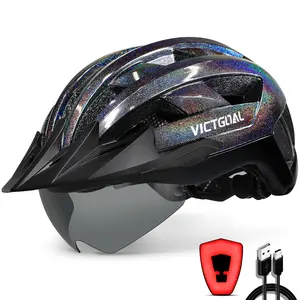 VICTGOAL Bike Helmet with USB Rechargeable Rear Light Detachable Magnetic Goggles Removable Sun Visor Mountain & Road Bicycle Helmets for Men Women Adult Cycling Helmets