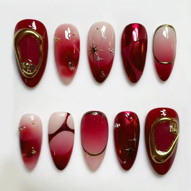 Deep Red Simple French False Nails, Shining Rhinestone, Short Almond Shape for Stylish Manicure, Removable Nail Art Artificial Full Cover, Easy to Apply, Nail Design, Nail Art Supplies, Almond Nail Tips