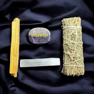 4 Piece kit. Crystal Energy Cleansing Smudge Kits with an Amethyst Worry Stone(inscription varies), White Sage or Lavender, Palo Santo, and a 3 inch Selenite Stick for Spiritual Growth and Emotional Stability.