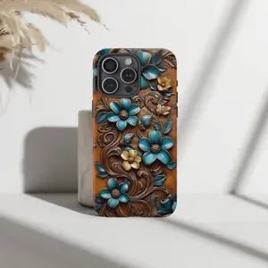 Luxury Western Turquoise Floral Tooled Leather Case for iP Phone 17 16 15 14 13 12 11 Pro Max Plus X XR - 3D Embossed Aesthetic Boho Cowgirl Cover 🌵💎✨