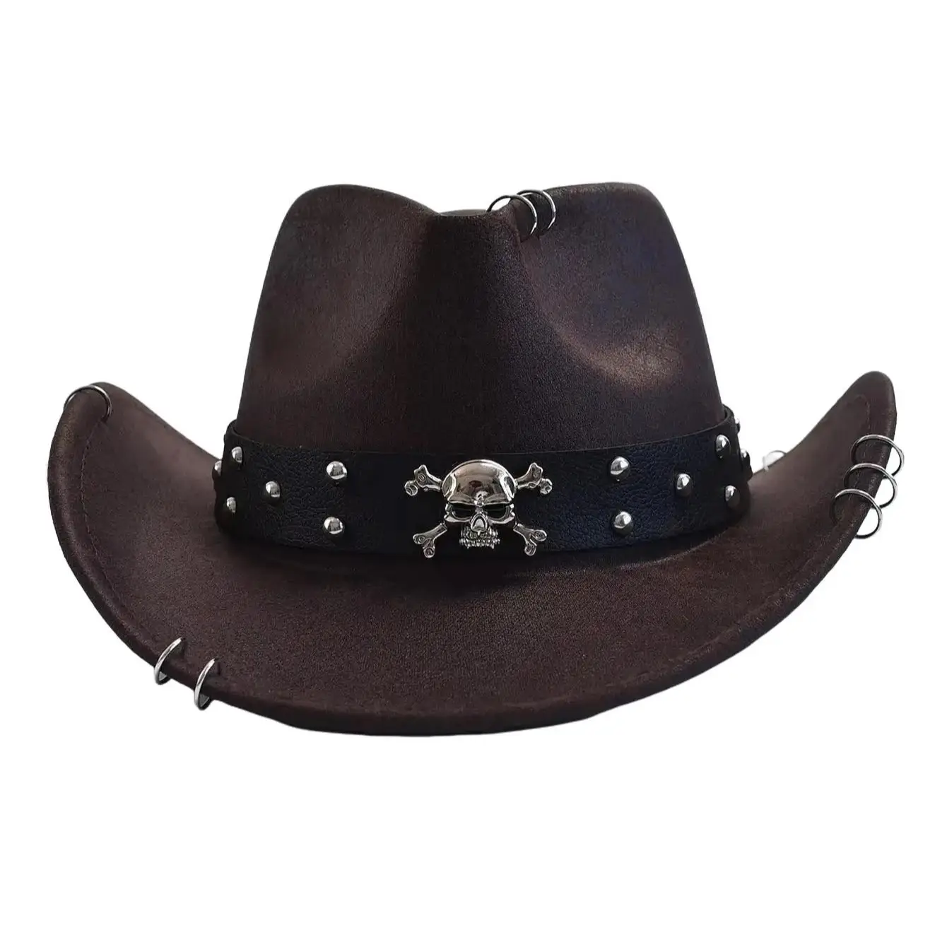 Skull Studded Cowboy Hat – Faux Leather Western Cap with Rings | Holiday Streetwear for Halloween & Christmas