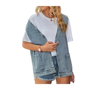 Women's denim vest cardigan - Spring fashion collarless design with pockets, suitable for women's medium to long comfortable street style vestRAIMENTRY