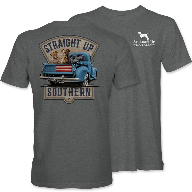 Men's Short-Sleeve Round Neck T-Shirt, Graphite Heather Vintage Truck & Hunting Dogs Graphic, Classic Fit Casual Menswear Tee - KitchenEra