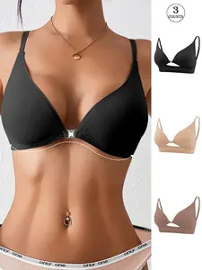 Women's Solid Hook & Eye Front Buckle Bra, Soft Comfortable Breathable Removable Chest Pads Bra, Lingerie Underwear for All Seasons