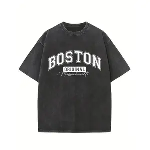 1 Piece Washed Boston Print T Shirt High Quality Batik Retro Fashion Brand T Shirt Suitable Thickness Summer T Shirt Holiday Gift Casual Round Neck Fabric Menswear Top Tshirt Man Streetwear Crewneck Tropical Shortsleeve Black