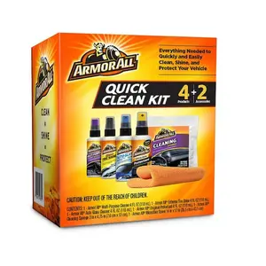 Armor All Quick Clean Kit, Includes Tire Shine Spray, Glass Cleaner, Protectant & Multi-Purpose Interior Cleaner, with Bonus Microfiber Towel & Sponge, All-in-One Automotive Care Gift Set for Car Enthusiasts.
