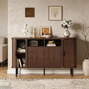 [SummerVibes] Vabches 55 in Mid-Century Fluted Panel Solid Wood Buffet Cabinet, Sliding Door & Adjustable Shelf Sideboard with Curved Edge, Storage Solution for Kitchen, Living Room