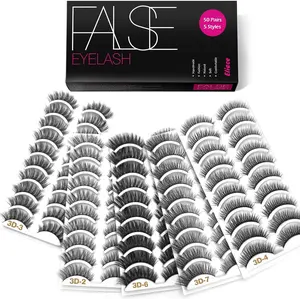 Eyelashes, 50 Pairs 5 Styles 3D Faux Mink Lashes Natural Look Wispy Fluffy Handmade Cat False Eyelashes Set Professional Fake Eyelashes Pack Makeup Cosmetic