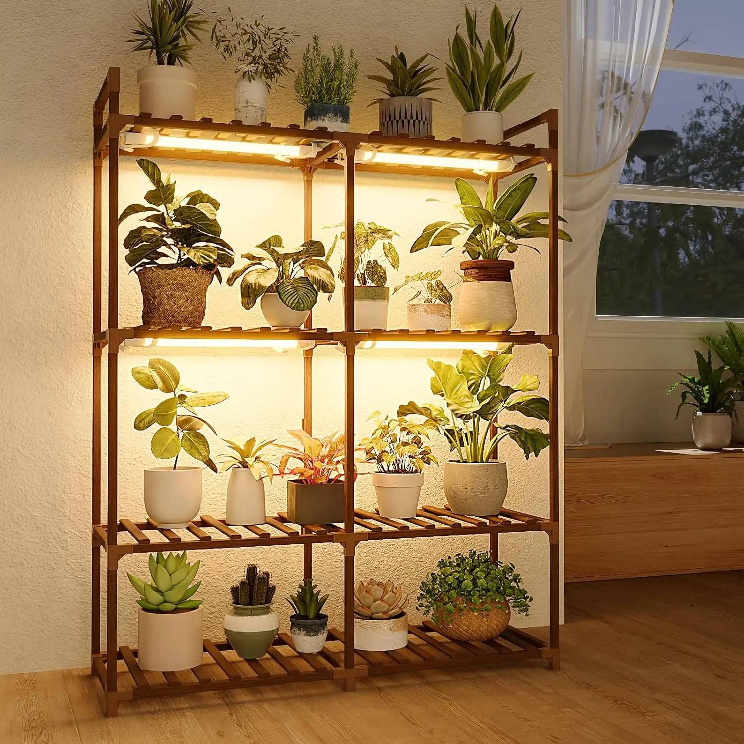 Bamworld 4-Tier Eucalyptus Wood Elevated Wooden Planter Set with Grow Lights, Planting Stand, Vertical Planter Tower, Large Compartment Nursery Pots Rack & Shelf for Living Room Collectibles Display
