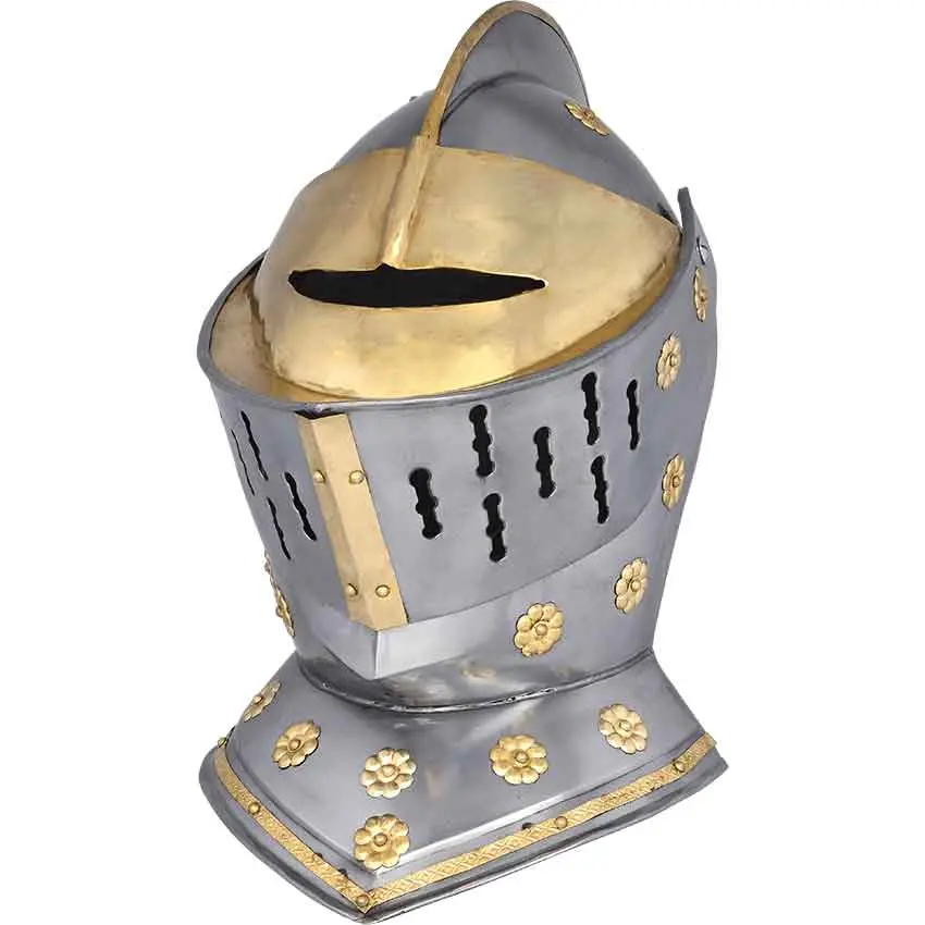 Medieval Warrior Golden Knight Closed Helmet European Armour Forged Carbon Steel Solid Brass 13.75" Height Includes Wooden Display Stand, Handmade, Costumes, European Armor Style