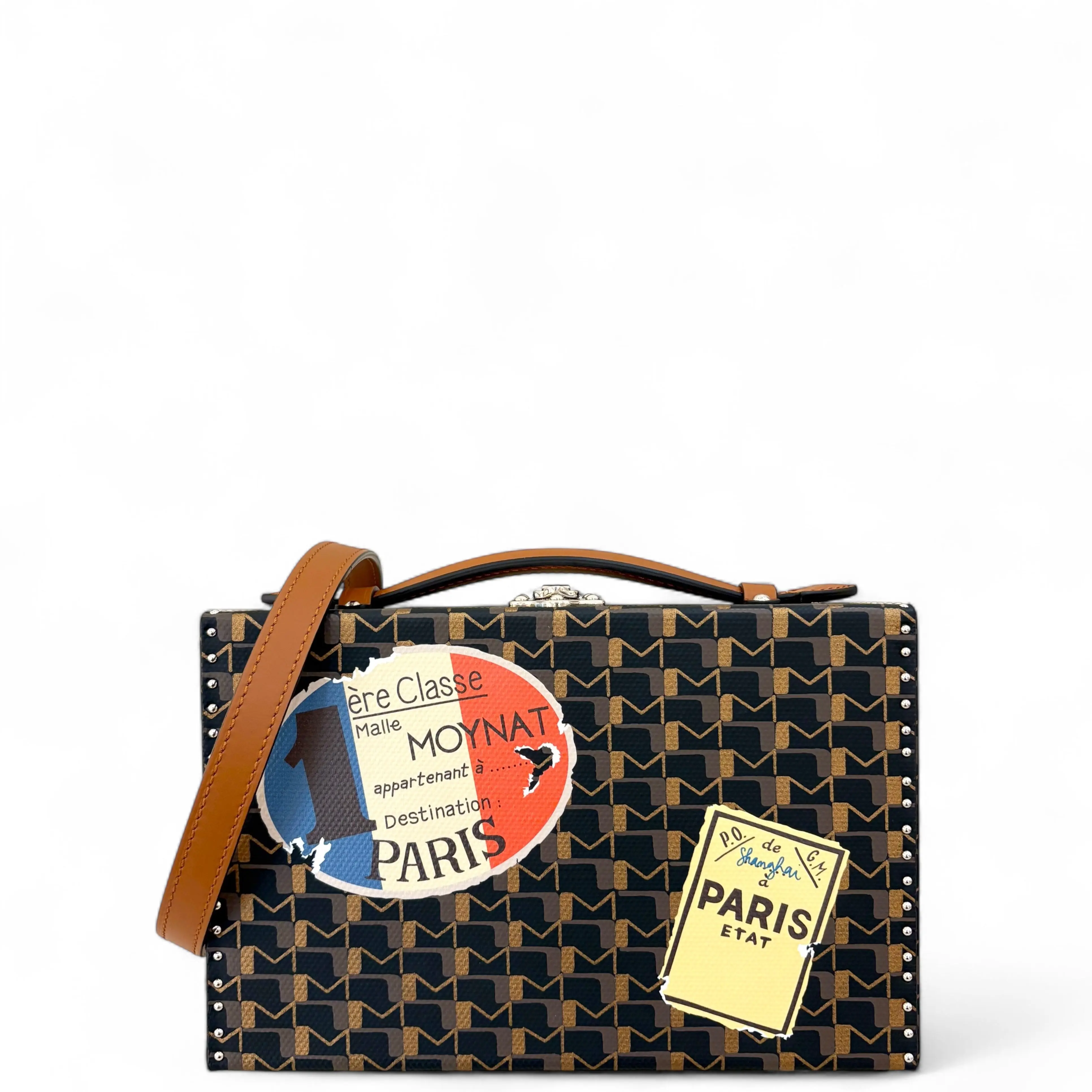 Pre-owned MOYNAT Leather Tote Bags Vanity Case Toile 1920 Monogram Brown Black (0430m9)