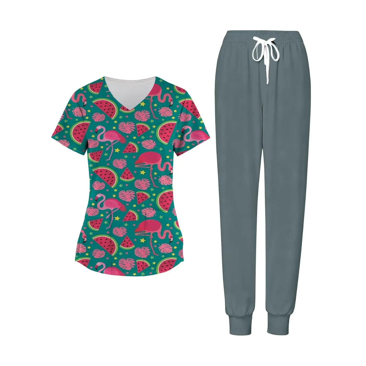 Plus Size Women's Flamingo & Watermelon Print 2-Piece Scrubs Set - Perfect for Beach Vacations, Tropical Holidays, Leisure, Exercise, and Gift Giving
