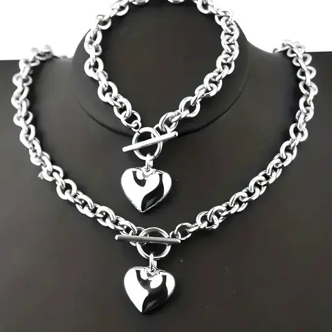 Heart Necklace and Link Bracelet Set for Men and Women, Stainless Steel Matching Jewelry Set, Minimalist Metal Pendant & Chain Bracelet, Versatile Unisex Everyday Wear Accessory, Necklaces Set