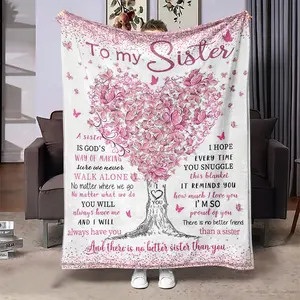 "to My Sister" Message Pink Butterfly Tree Fleece Blanket - Soft Flannel Gift for Sisters, Heartwarming Sentimental Keepsake with Sisterhood Quotes, All-Season Cozy Throw for Bed, Couch, Office - Birthday & Christmas Present, Home Decor, Geometric Pa