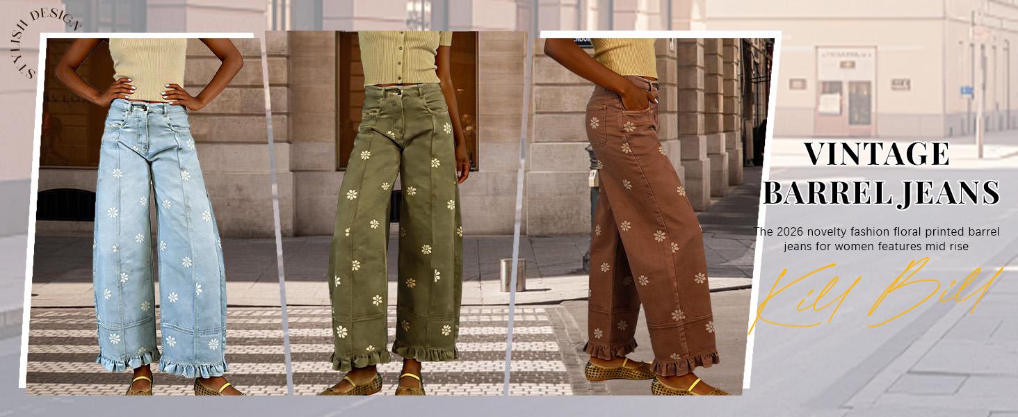 Chouyatou Women's Y2K-Style Casual Printed Jeans Loose Wide-Leg Barrel-Cut Denim Trousers with Pockets and Lace-Trimmed Cuffs Chouyatou Women's Y2K-Style Casual Printed Jeans Loose Wide-Leg Barrel-Cut Denim Trousers with Pockets and Lace-Trimmed Cuffs