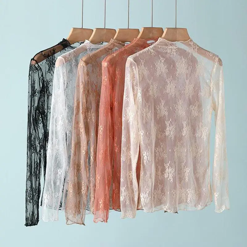 New Women Floral Lace Shirt Spring Autumn Long Sleeve Sexy Mesh Bottoming Shirts Mock Neck Blouse T-Shirt Pullover Top Lace top sexy hollowed out shirt for women's casual wear with long sleeves and mesh base