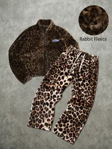 Men's Leopard Velvet Two-Piece Set, Zipper Jacket & Drawstring Pants, Ultra-Soft Warm Fabric, Oversized Comfortable for Winter