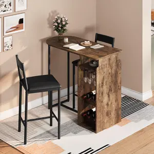 GARVEE Bar Table and Chairs for 2, Dining Room Table with Double Tier Wine Rack and Glasses Hanging, Brown Textured and 2 Pu Leather Upholstered Seats, Modern Dining Set for Home & Office