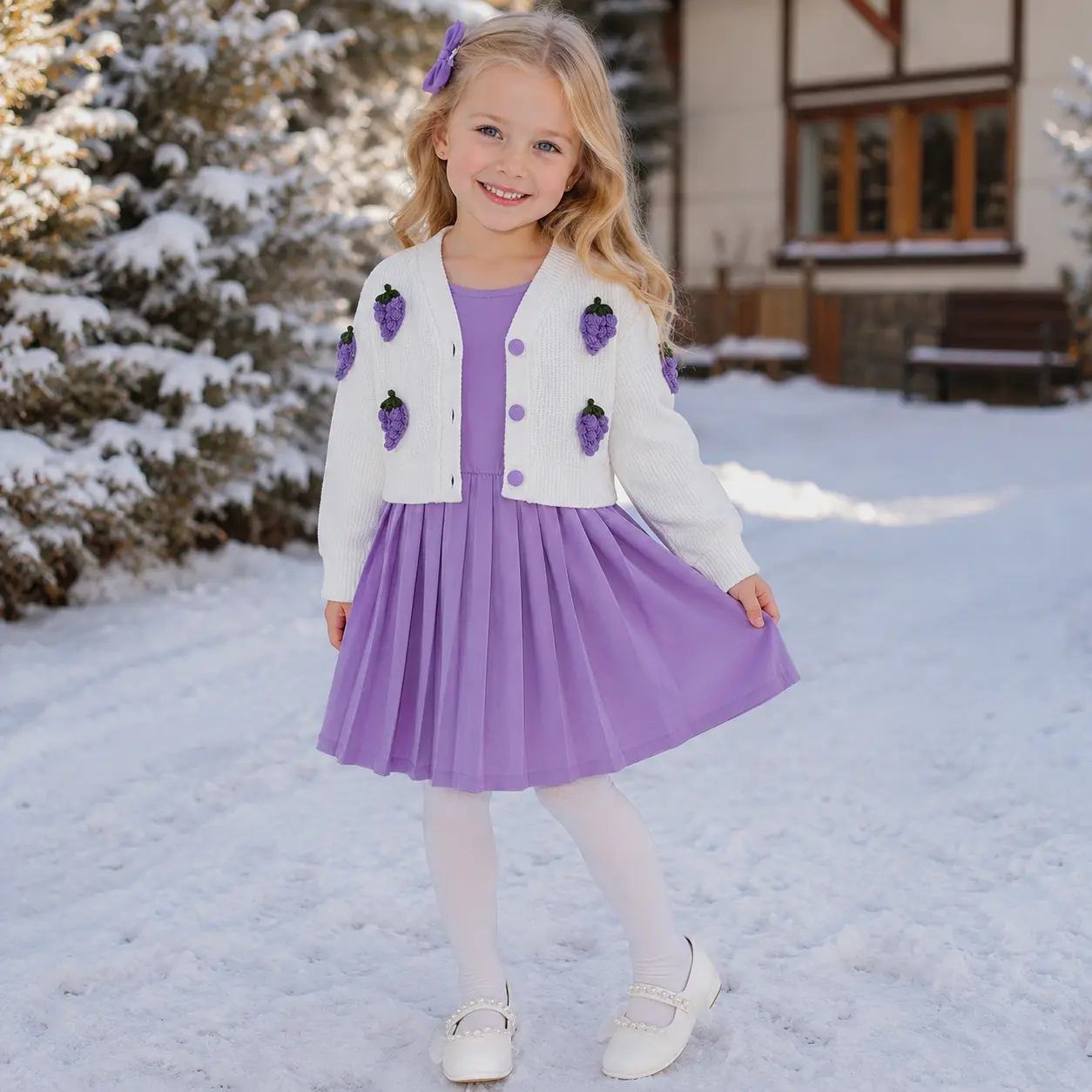 Toddler & Little Girls 2-Piece Dress Set | 3D Purple Strawberry Cardigan & Sleeveless Pleated Dress | Boutique Fall Spring Outfit | Sizes 4-7Y