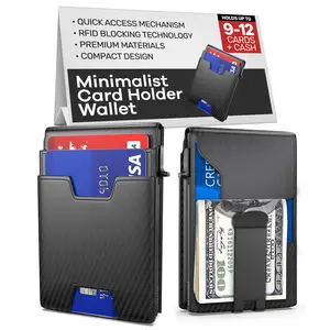 HMHM Minimalist wallet, Card Holder wallet for men with gift box, RFID blocking Smart Wallet, Front pocket wallets with money clip & ID window, Genuine leather Pop up wallet (Carbon Fiber)