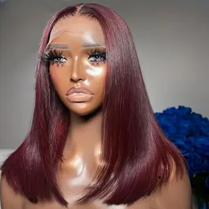 99J Burgundy Human Hair Wig Bob 13x4 Straight Lace Frontal 100% Human Hair Brazilian Short Bob Wigs For Women Dark Burgundy Lace Front 180 Density