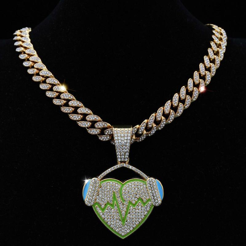 14K Gold Plated with Austrian Rhinestones- Music Heart Design Pendant Miami Cuban Link Chain Italy & Mexico Inspired Necklace for Men&Women Hip Hop Gift 14K Gold Plated with Austrian Rhinestones- Music Heart Design Pendant Miami Cuban Link Chain Italy & Mexico Inspired Necklace for Men&Women Hip Hop Gift