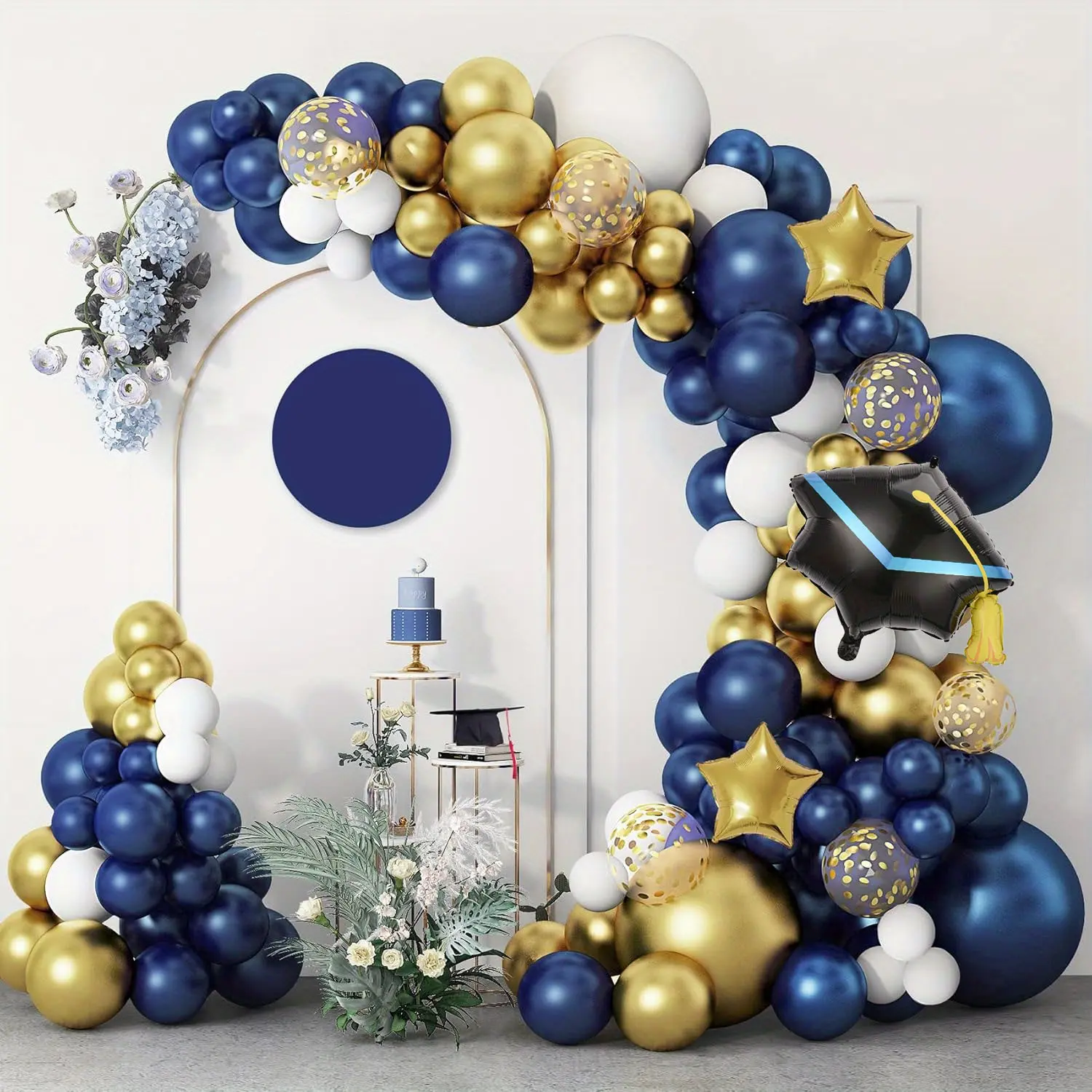145-Piece Blue and Gold Balloon Garland Arch Kit - Mixed-Size Blue, White, Metallic, Confetti Balloons with Graduation & Doctoral Hats for Graduation, Anniversary, Birthday Party Decorations