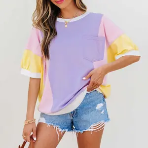 Purple Color Block Patchwork Half Sleeve Oversized T Shirt