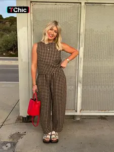 Two-piece Set Women's Gingham Print Tank Top & Wide Leg Pants, Casual Fashion Cozy Outfits for Daily Outdoor Wear, Women Clothes for Spring Fall