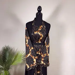 Abaya Outfit 3 Pieces Set - Black & Leopard Print Kimono Style with Belted Waist and Long Sleeves