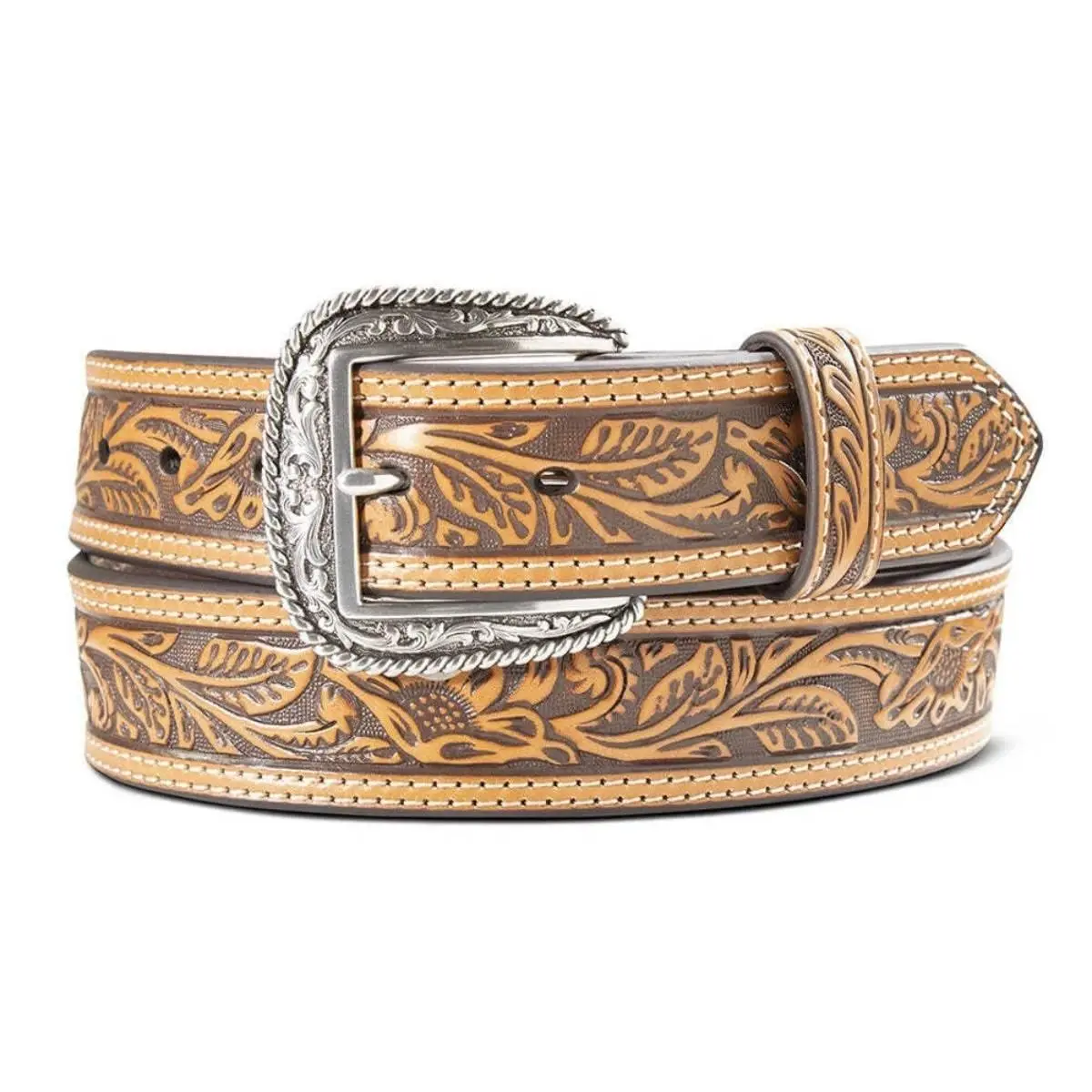 Ariat Men's Floral Tooled Double Stitch Tan Belt