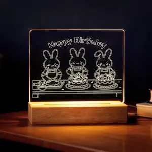 Cute Rabbit Birthday Cake Glow Acrylic Photo Frame - Soothing Night Light for Bedroom, Heartwarming Birthday Gift & Party Decoration