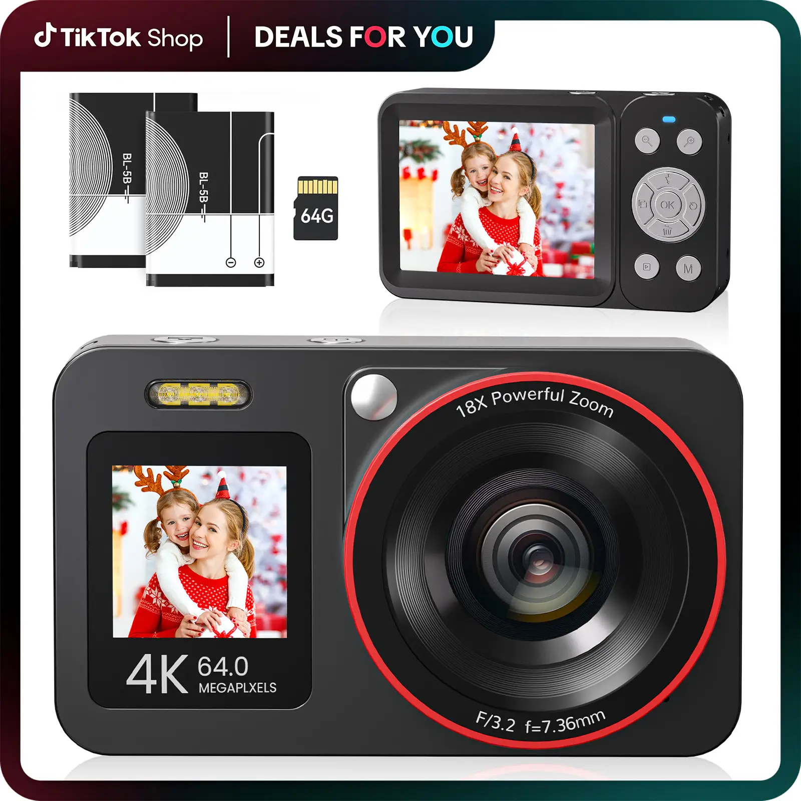 Deatti 4K Digital Camera, 1 Count 64MP Auto FocusDigital Camera, Compact & Portable Camerawith 64G Memory Card & Battery, Gifts forBoyfriend Black Fla