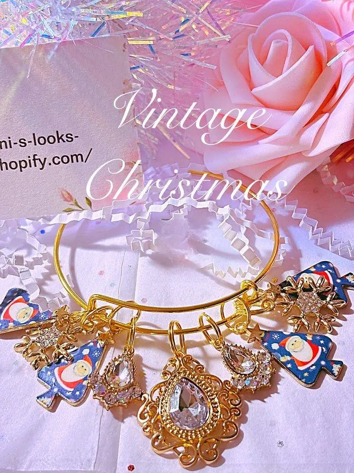 Vintage Christmas Bangle Bracelet with Clear Crystals Rhinestone Snowflakes Blue Tree & Santa Clause Perfect Holiday Gift