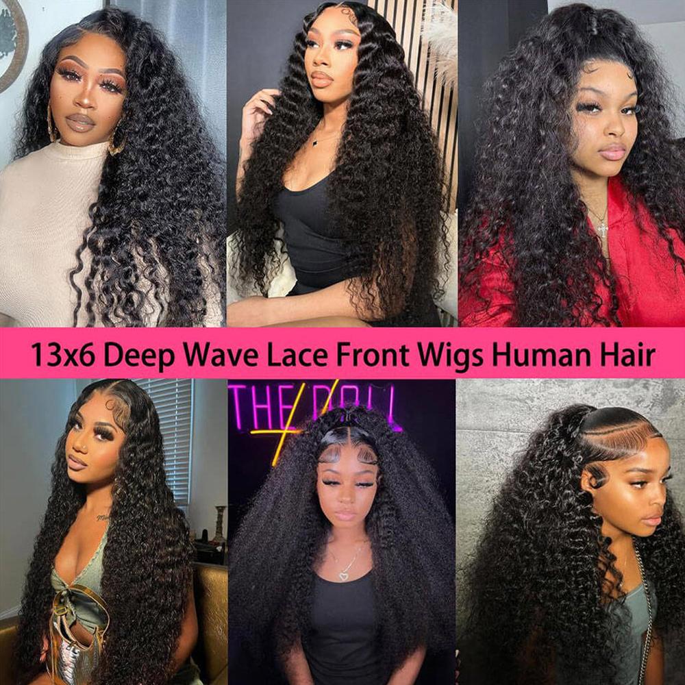 30 34 Inches Deep Wave 13x6 HD Lace Frontal Wig Human Hair Pre-plucked Brazilian Remy Hair Transparent Lace Front Wigs Deep Curly Human Hair Wigs For Women 180% Density