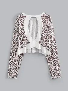 Women's Leopard Print Backless Loose Long Sleeve Casual T-Shirt, Fitted Woven Fabric, All Seasons Wear, Moderate Thickness