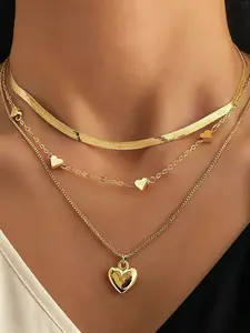 3-Piece Heart Layered Necklace Set, Elegant Collarbone Chain Design, Dainty Chain, Simple & Versatile Daily Wear Jewelry, Perfect for All Seasons
