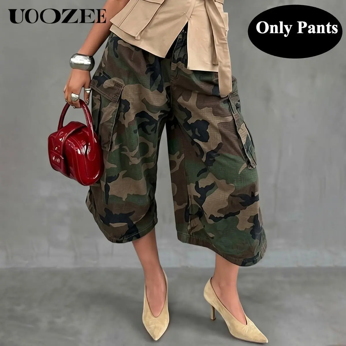 Women's Camouflage Culottes, Vintage Wide Leg Streetwear with a Cropped Cut, Lightweight Cotton Fabric with Cargo Pockets, Casual, Comfortable, Pants, Only Pants-Camouflage, Everyday, Bottom, Lady, Print, Elastic, Women's Clothes, Oversized, Fit, Fashion