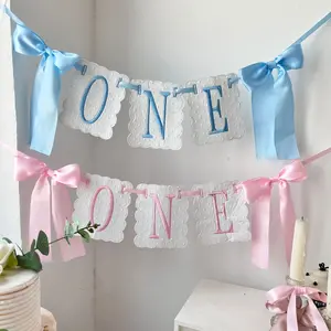A pink and blue bow ONE high chair banner is perfect for the first birthday high chair banner. A sweet pink and blue bow one birthday party decoration Room Decor Banner Party Decorations Banners
