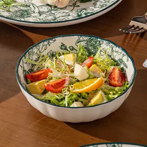 2 pieces of 6.25-inch ceramic salad bowls, rose pattern, green, dessert bowl, cereal bowl, suitable for holding snacks and nuts, lead-free underglaze, microwave-safe, dishwasher-friendly, Tableware