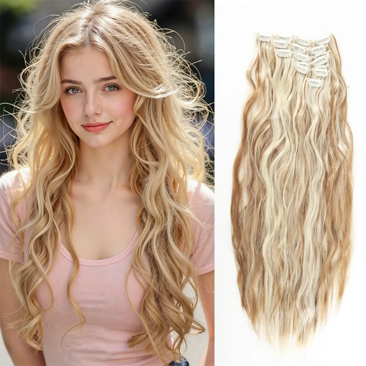 Highlight Ombre Wavy Clip In Hair Extensions 7Pcs Set | Corn Wave Synthetic Curly Hair Pieces Easy Install For Daily Hairstyle