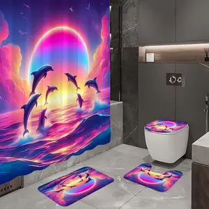 1/4pc jumping dolphin pattern bathroom set, The 4-piece set includes a single shower curtain, anti slip floor mat, toilet U-shaped mat, toilet lid mat, with shower curtain hook, and belongs to bathroom decoration products