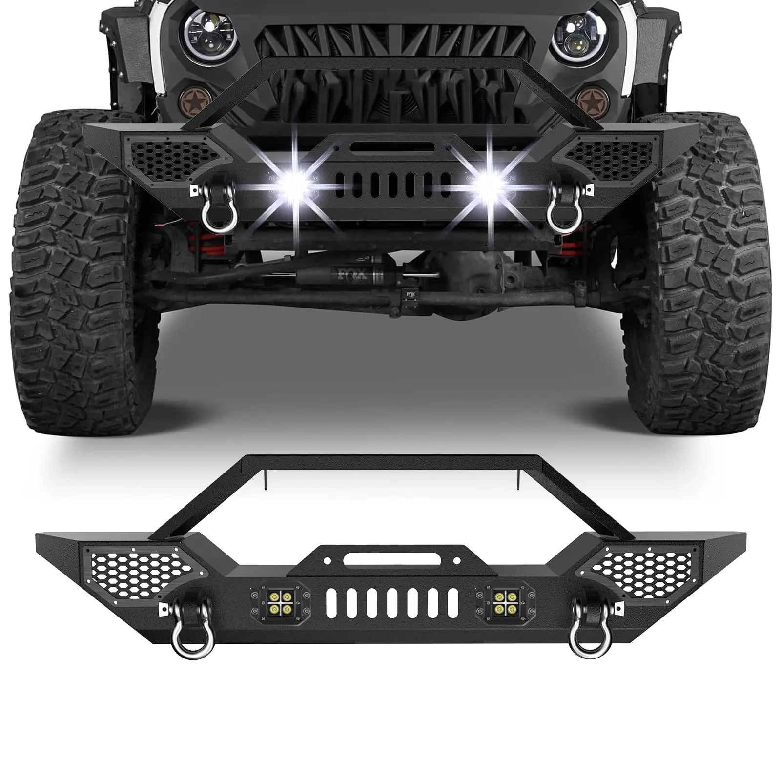 【GARVEE】Front Bumper Compatible with 2007-2018 Jeep Wrangler JK & Unlimited JKU (2/4 Doors), Rock Crawler Off Road Full Width Bumper with Winch Plate Mounting & 2 x D-Rings